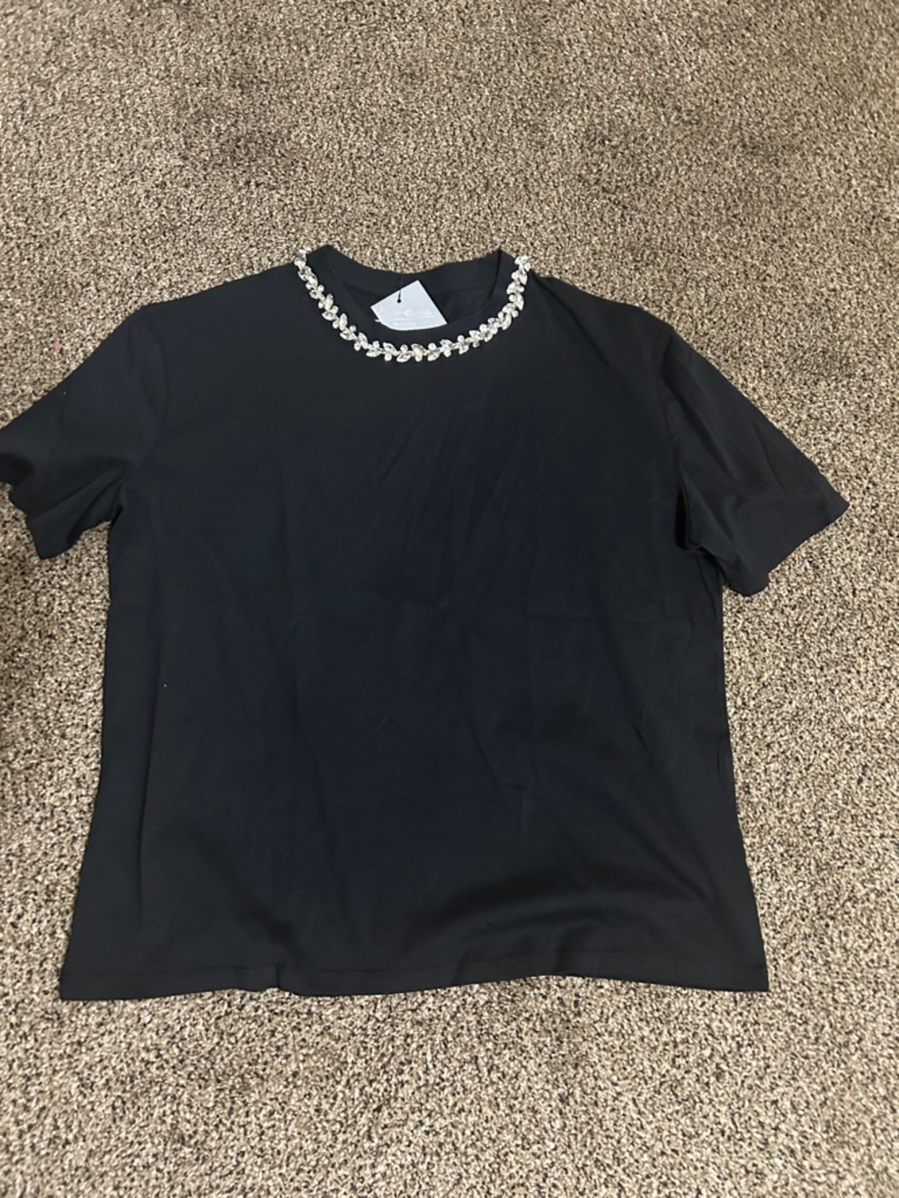 Elan Black Tee with Crystal Embellished Neckline